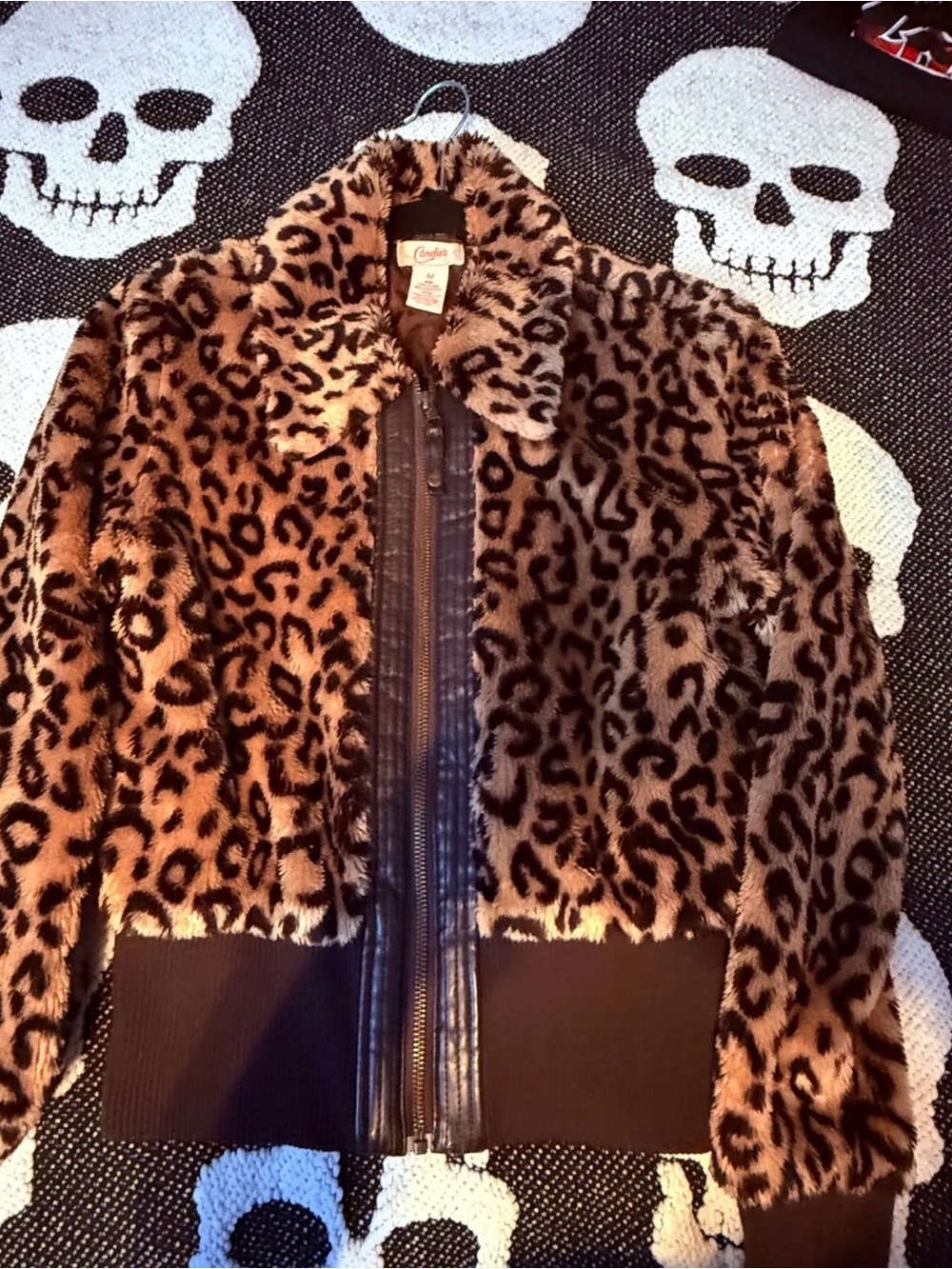 Candie's Vintage Y2K Leopard Print Faux Fur Bomber Jacket - Brown/Black